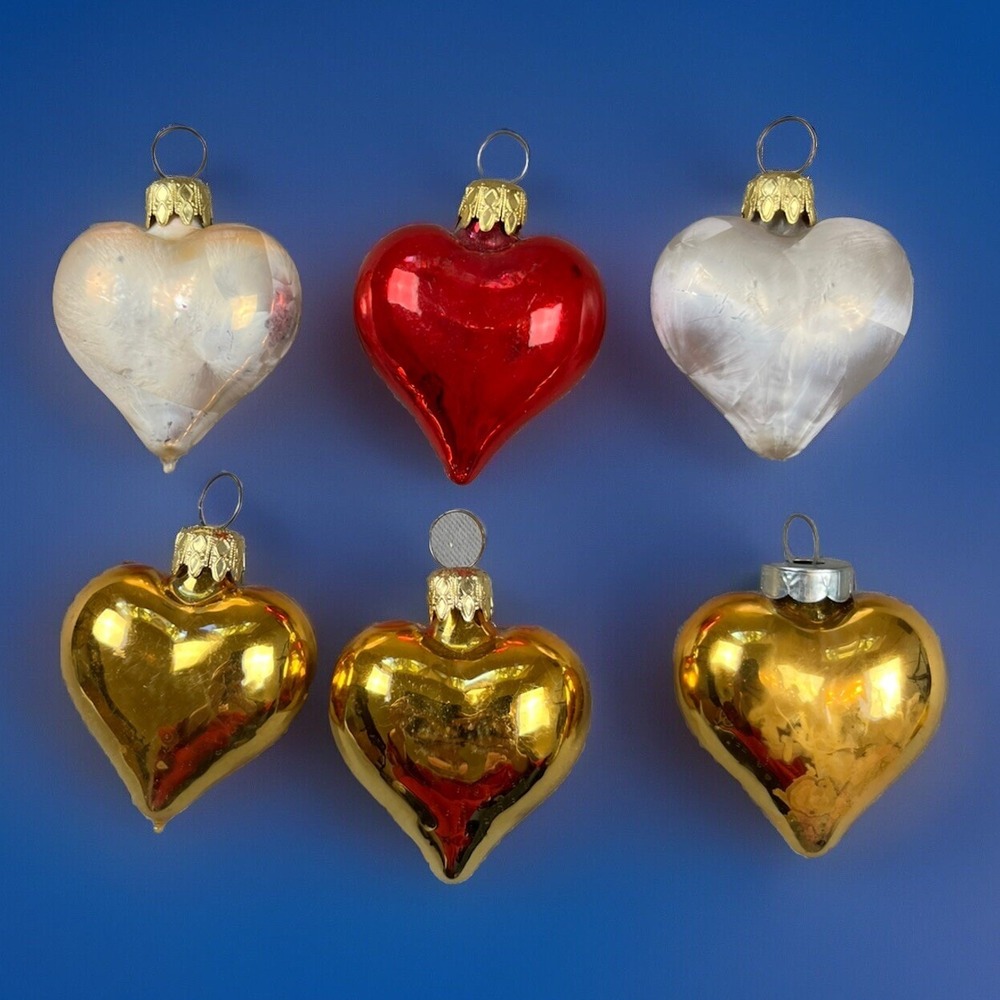 6 Napco Heart Ornaments Valentine's Gold Red‎ White 2.5" West Germany Vintage